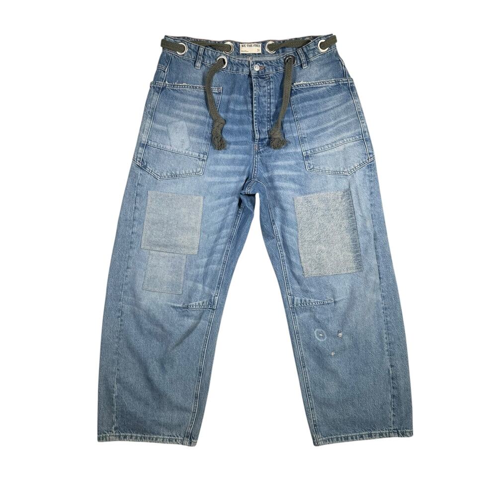 FREE PEOPLE Jeans Size 31 Moxie Pull On Barrel Patchwork Button Drawstring - Picture 4 of 9